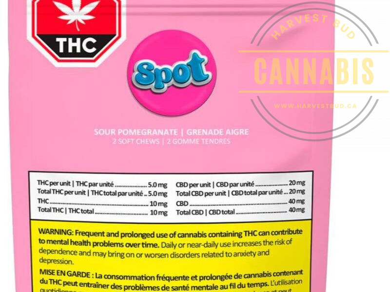 SPOT Sour Pomegranate 4:1 CBD:THC edibles. Two edibles per package, in a pink package with a THC warning label.